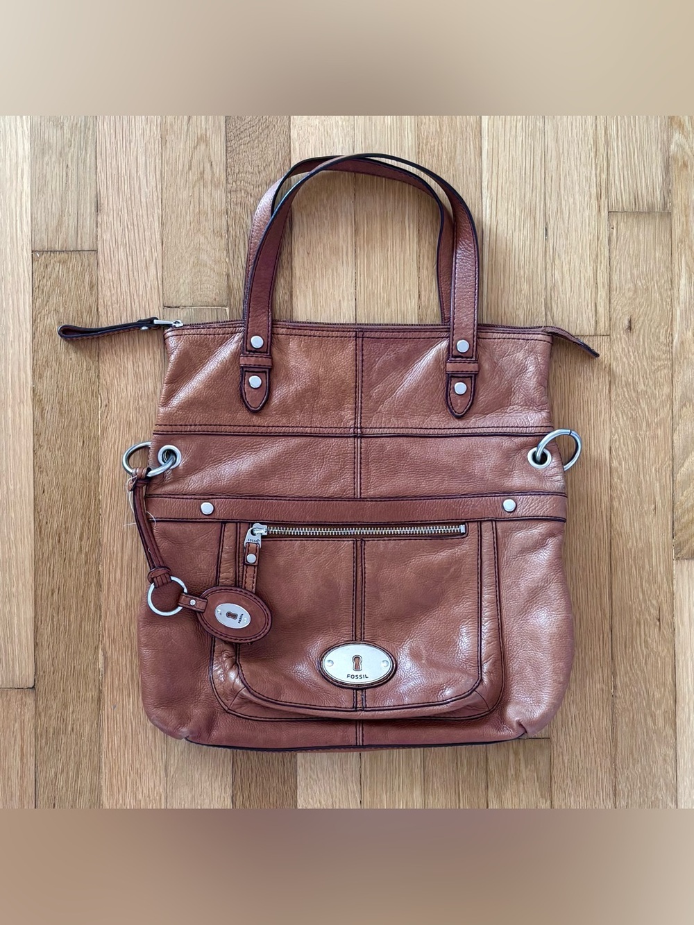 FOSSIL Vintage Brown Leather Shoulder Bag Large Tote Purse Y2K Utility Slouchy